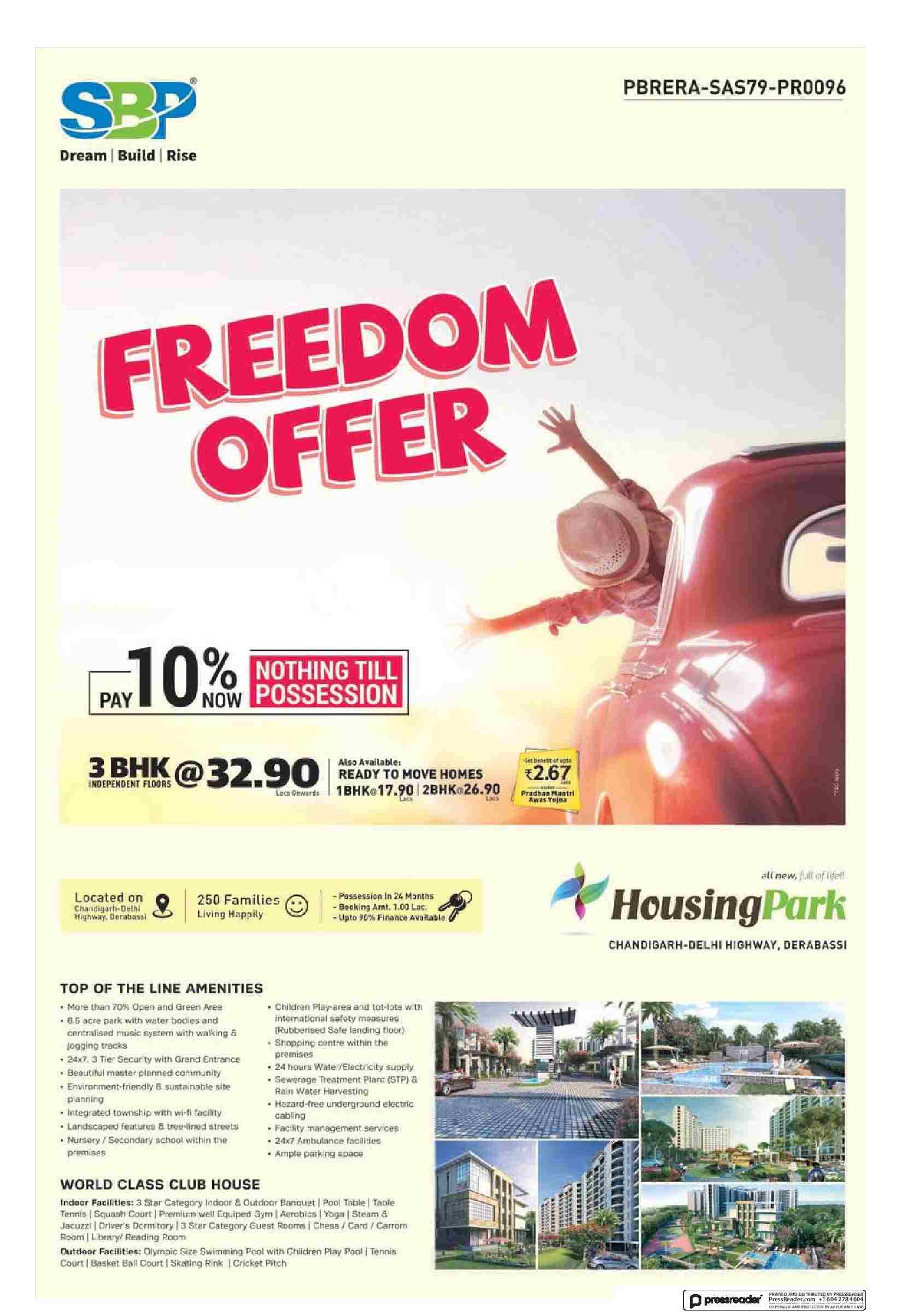 Pay 10% now and nothing till possession at SBP Housing Park in Chandigarh
